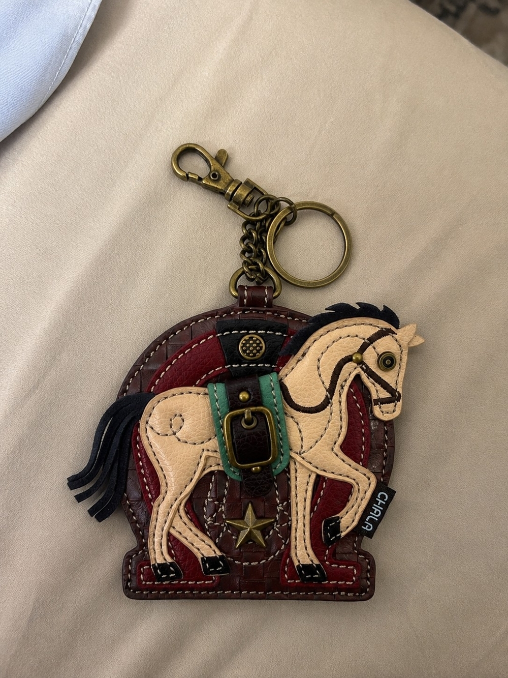Chala Beige Horse Leather Keychain with Red, Green and Black Accents